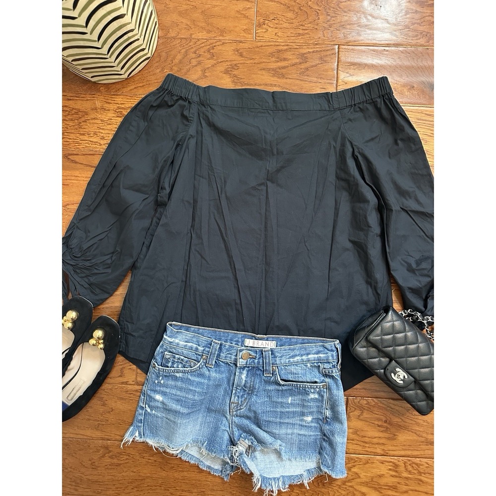 Free People Womens Medium Black Off The Shoulder Top Cotton Puff Sleeve Blouse
